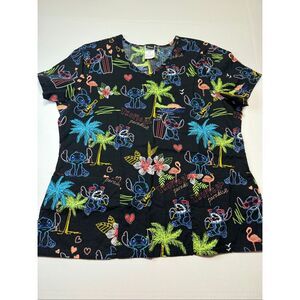 Disney Stitch Tropical Paradise Black Short Sleeve Scrub Top Size Large